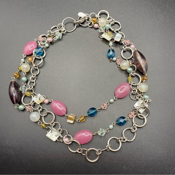 COOKIE LEE Acrylic Beads & Natural Seashells Long Necklace Silvertone - Picture 2 of 9